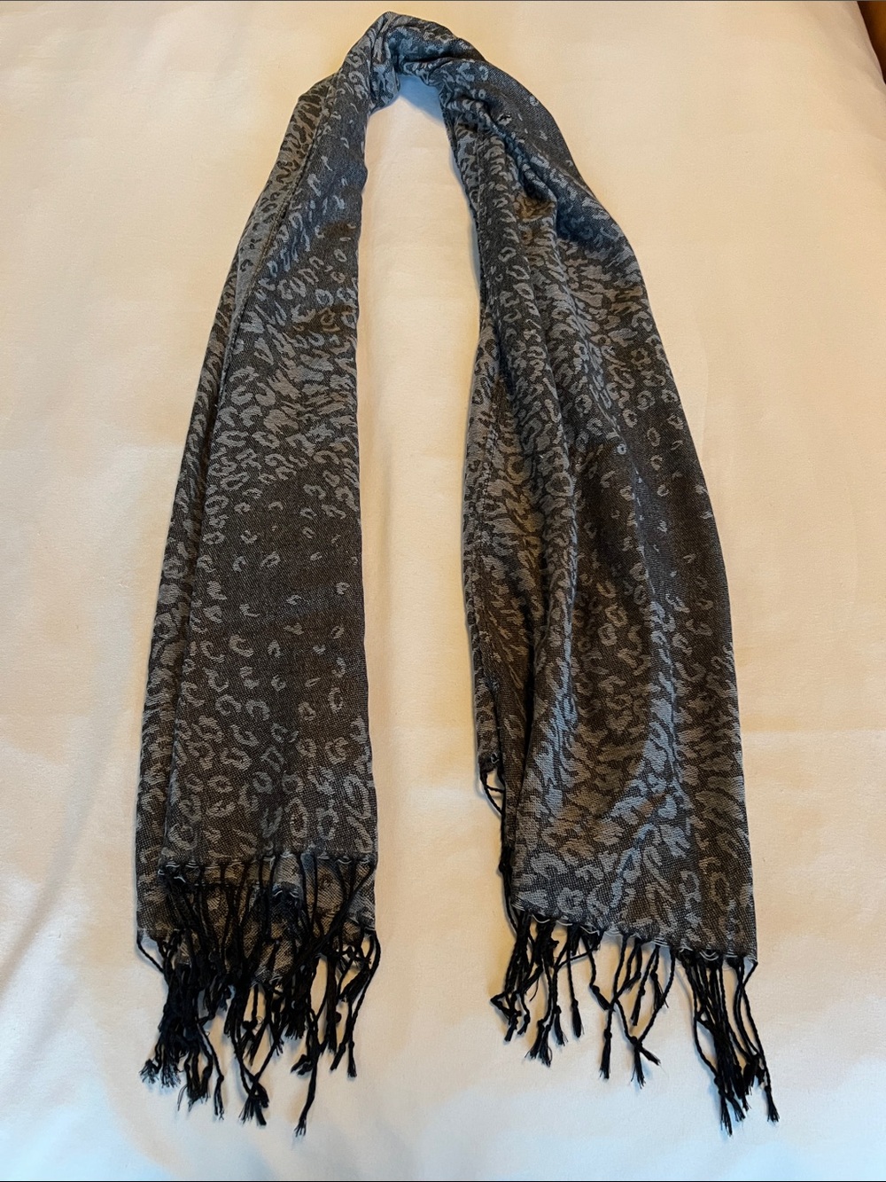 Gray Leopard Print Fringe Scarf Wrap